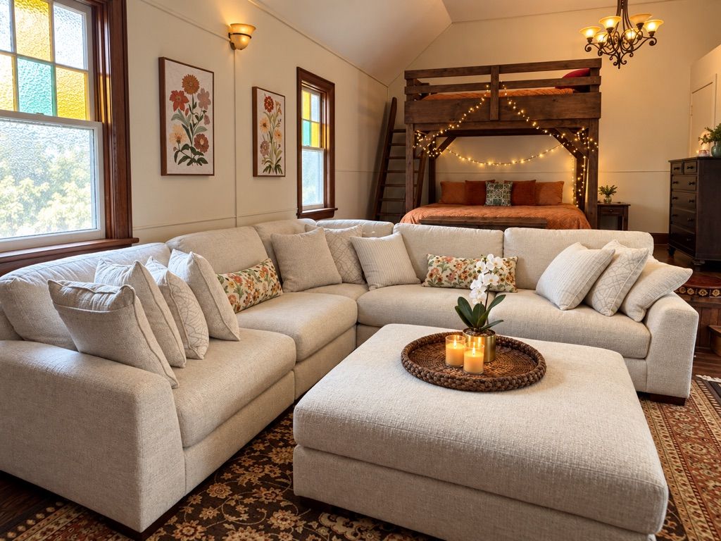 A cozy living room with a large sectional sofa, a small ottoman, and a decorative centerpiece.