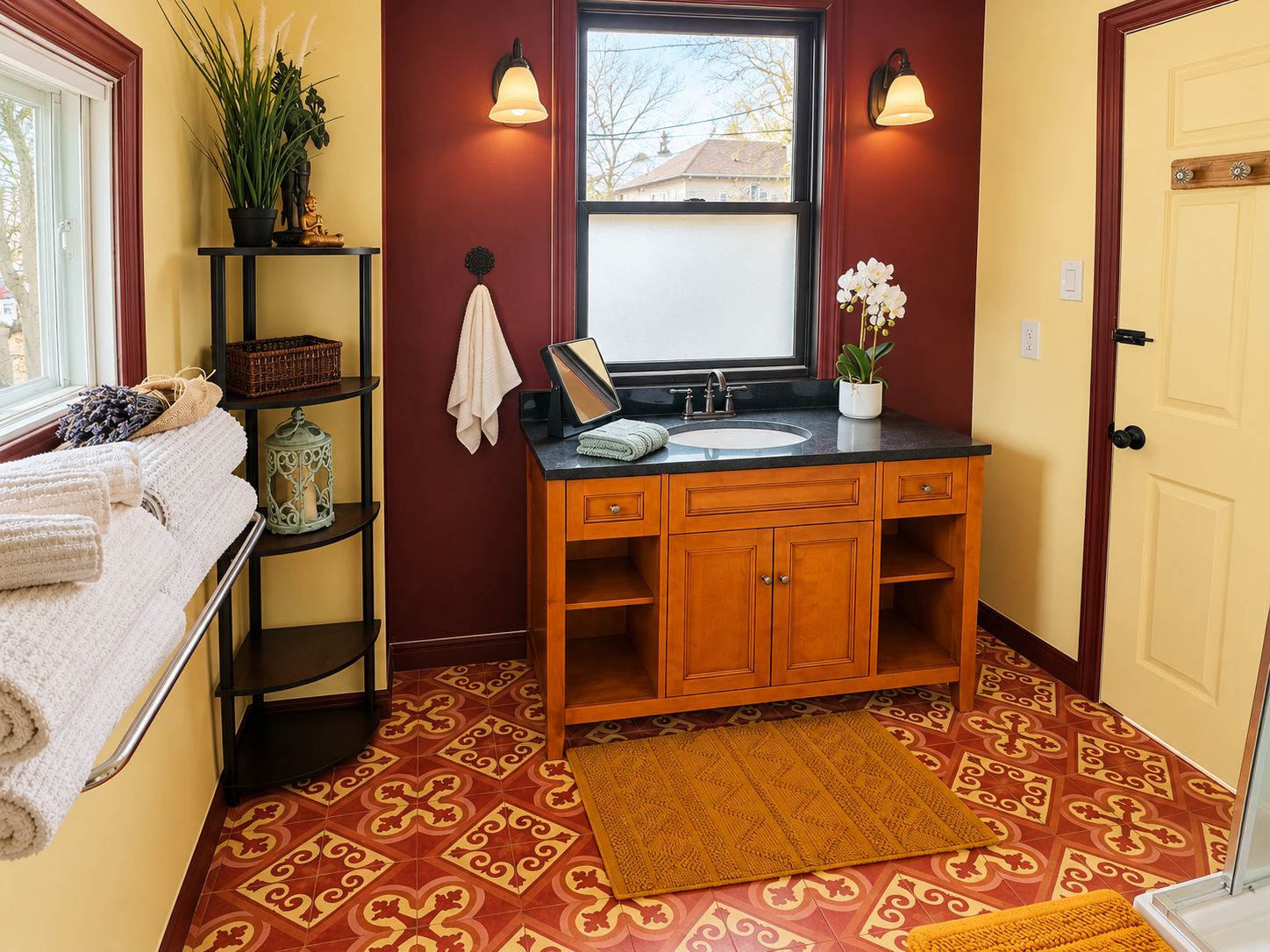 A bathroom with a wooden vanity, a sink, and a window.