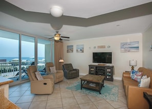 Condo, 2 Bedrooms, Balcony, Ocean View (505) | Living area | 60-inch flat-screen TV with cable channels, TV - Sanibel by ALBVR (Gulf Shores)