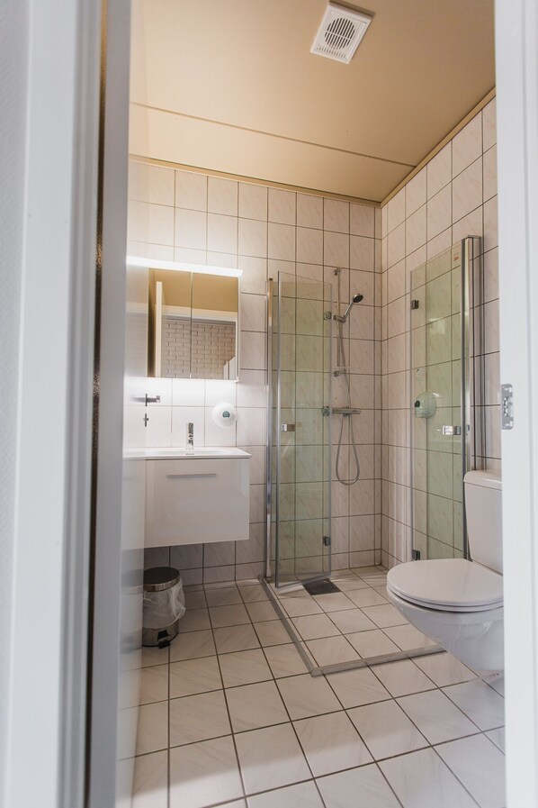 A bathroom with a glass-enclosed shower, a toilet, and a sink with a mirror above it.