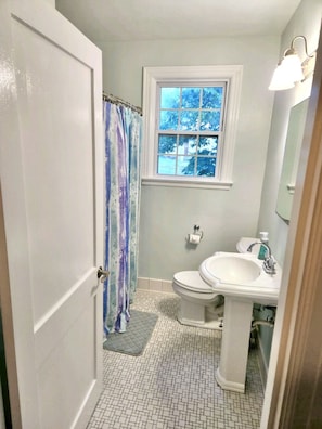 Combined shower/tub, towels, soap, shampoo