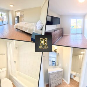 Shower, towels, soap, toilet paper