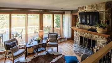 Televisión, chimenea, reproductor de DVD y libros