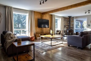 TV, caminetto, libri, studio