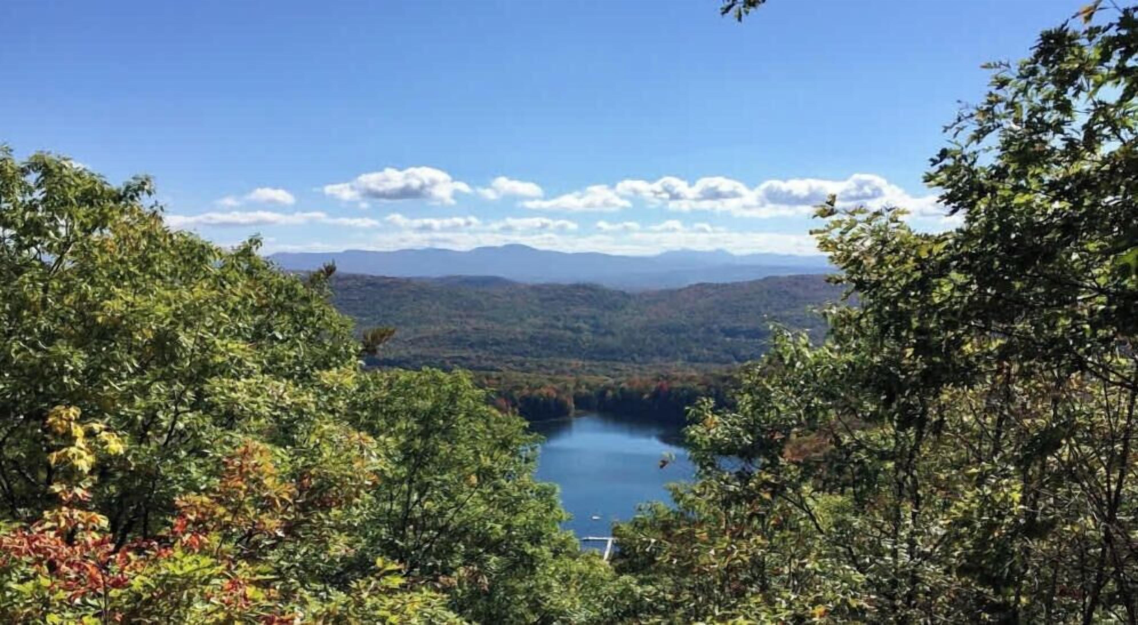 A mountainous landscape with dense foliage and a lake.