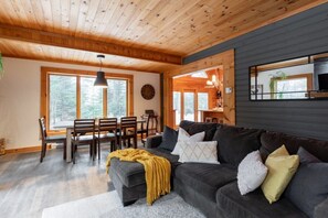 TV, fireplace, books, offices