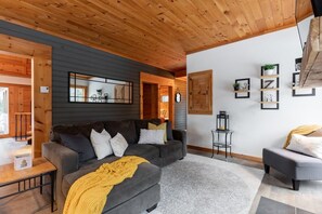 TV, fireplace, books, offices