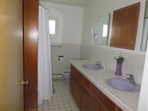 A bathroom with two sinks, a shower, and a toilet.