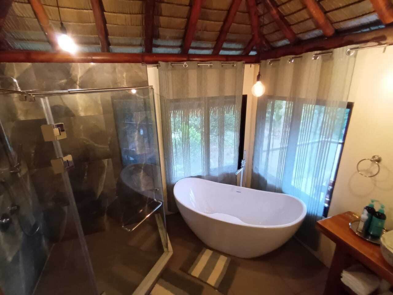 Bathtub, towels, soap, shampoo