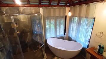 Baignoire, serviettes fournies, savon, shampoing