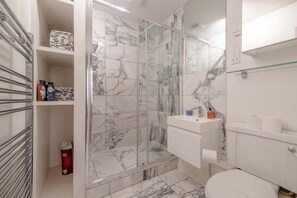 Shower, hair dryer, soap, shampoo