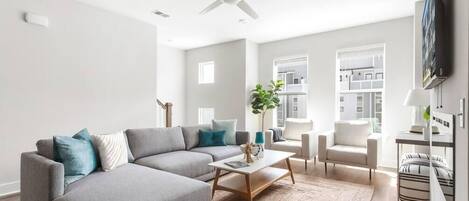 Télévision, cheminée, espaces bureaux