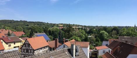 A residential area with traditional European architecture, including half-timbered houses and red-tiled roofs.