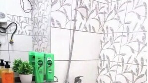 Une salle de bain avec un lavabo blanc, une douche et des toilettes. On peut voir des produits de toilette verts sur une étagère.