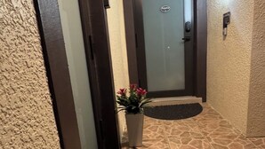 En hall med en vägg som har en intressant yta, en dörr med ett frostat glasparti och en skylt ovanför. Där finns också en krukväxt med rosa blommor och en dörrmatta på golvet.