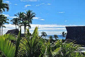 A tropical resort with palm trees, a thatched-roof building, and a view of the ocean. - #68 at Colony One at Sea Mt. Punalu`u One Bedroom (Pahala)