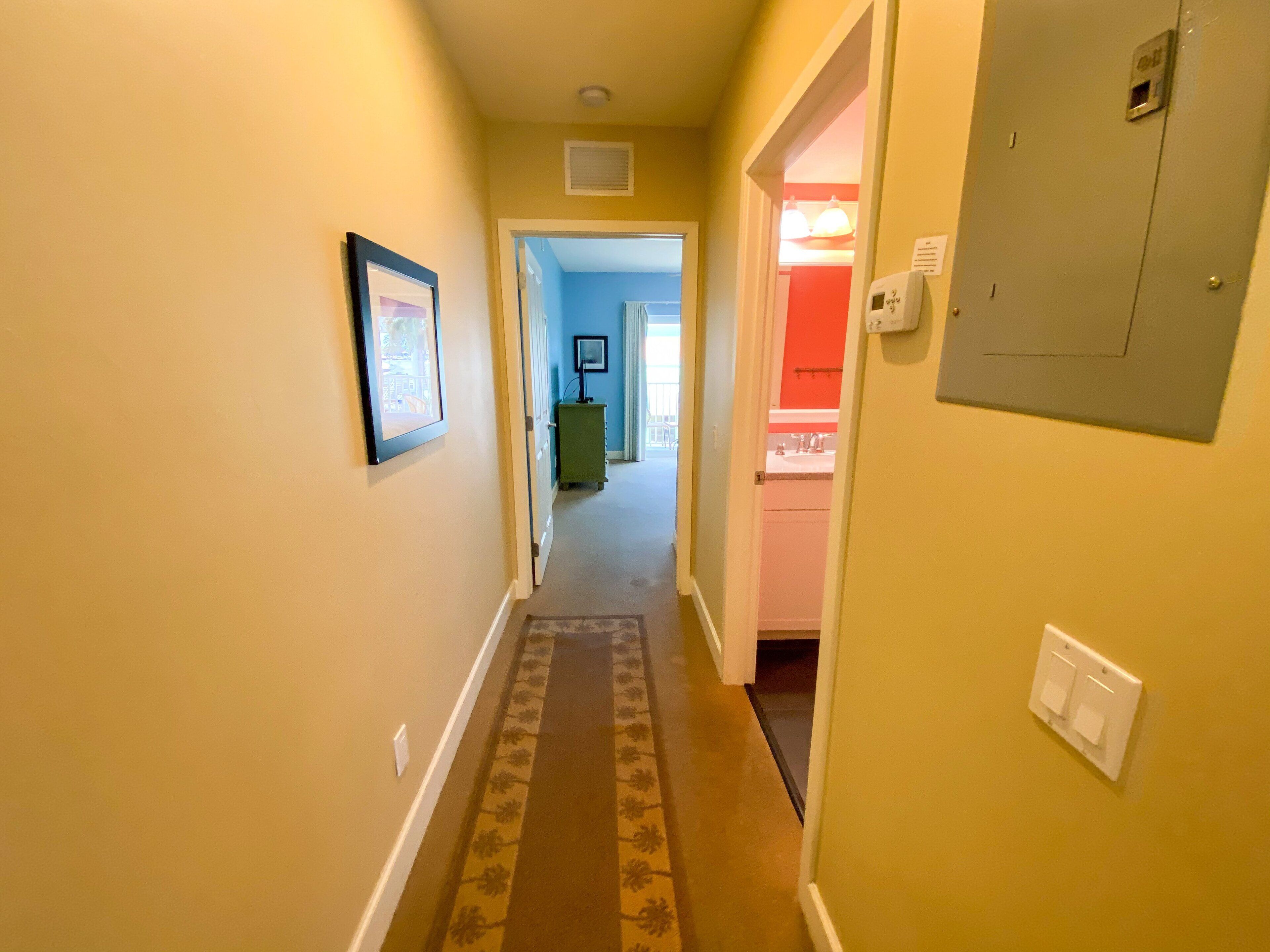 A narrow hallway with a patterned carpet, a framed picture on the left wall, and a light switch on the right.