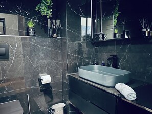 A modern bathroom with a large rectangular sink, a toilet, and a mirror.