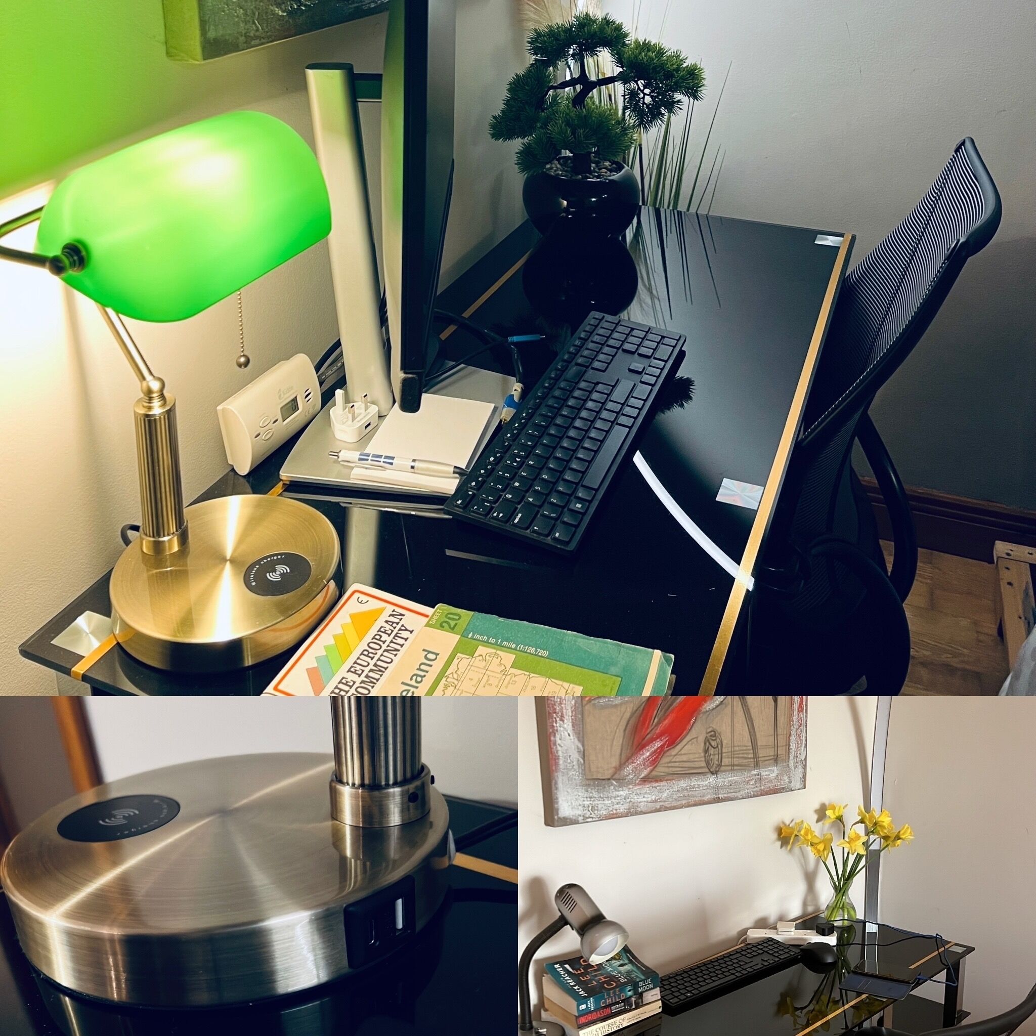 Un espace de travail comprenant un bureau, un ordinateur, un clavier, une lampe et une plante.