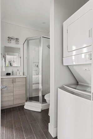 Shower, hair dryer, bidet, towels