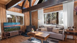 A cozy living room with wooden walls, a large window, a fireplace, and a comfortable sofa.