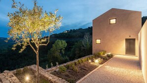 A modern building with a stone pathway leading to the entrance, surrounded by a landscaped garden with various plants and a tree with lights. - Luxurious 4-BR villa for up to 8 with pool and spa (Golubići)