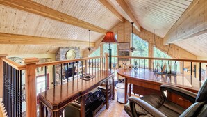 Un interior de madera con un escritorio, una silla y un piano.