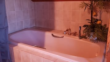 Bañera con ducha, secador de pelo, toallas, jabón