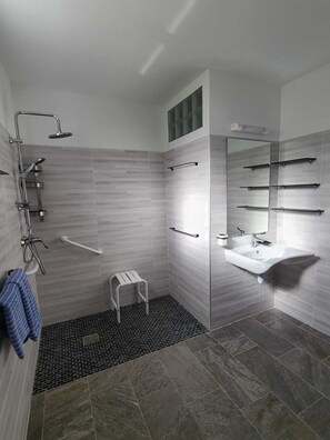 Shower, hair dryer, towels, toilet paper
