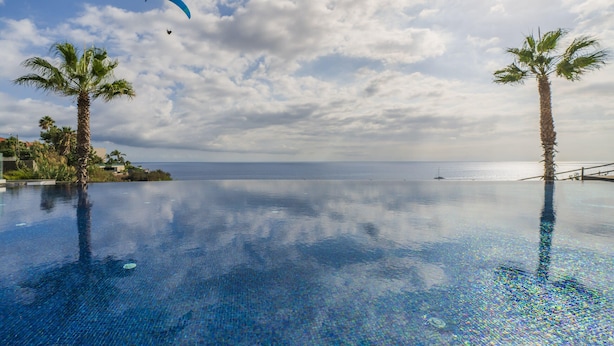 Une piscine à débordement bordée de palmiers, un ciel dégagé et une vue lointaine sur l’océan.