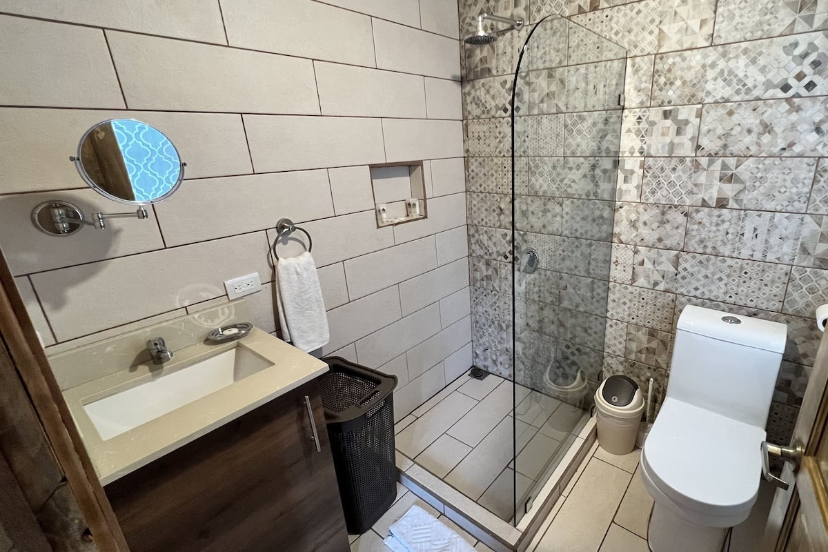 A bathroom with a shower, toilet, sink, and a mirror.