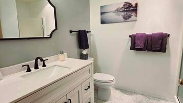 Un bagno con un mobile lavabo bianco, uno specchio, un lavandino, un water e un tappeto nero.