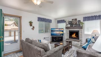 Smart TV, fireplace, video library