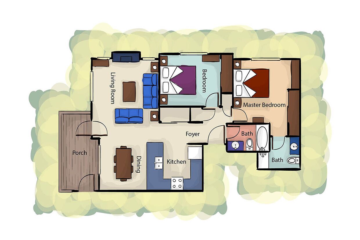 Plano de planta de una casa que incluye sala de estar, dormitorio, dormitorio principal, vestíbulo, cocina, comedor y baño.