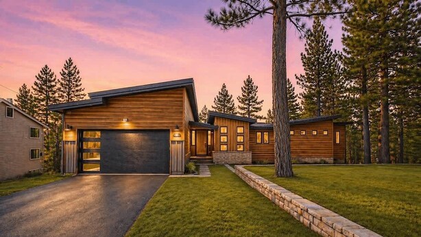 A modern two-story house with a garage, a well-maintained lawn, and a stone retaining wall. - PeakViewTahoe: Hot Tub, AC, Game Room, ProjectorTV (South Lake Tahoe)