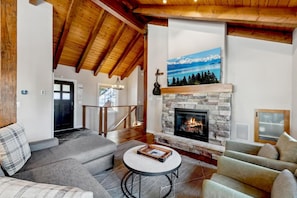 Smart TV, fireplace, video games, DVD player