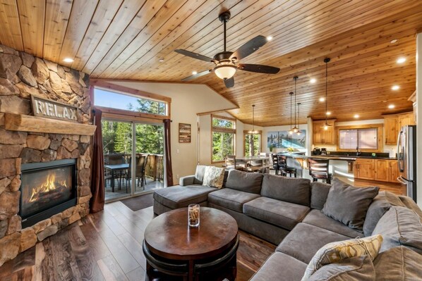 Smart TV, fireplace, video games, DVD player