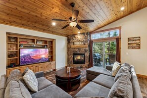 Smart TV, fireplace, video games, DVD player