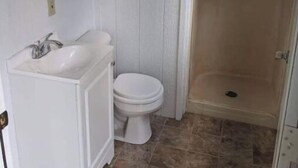 Une salle de bain avec un lavabo blanc, des toilettes et un espace douche.