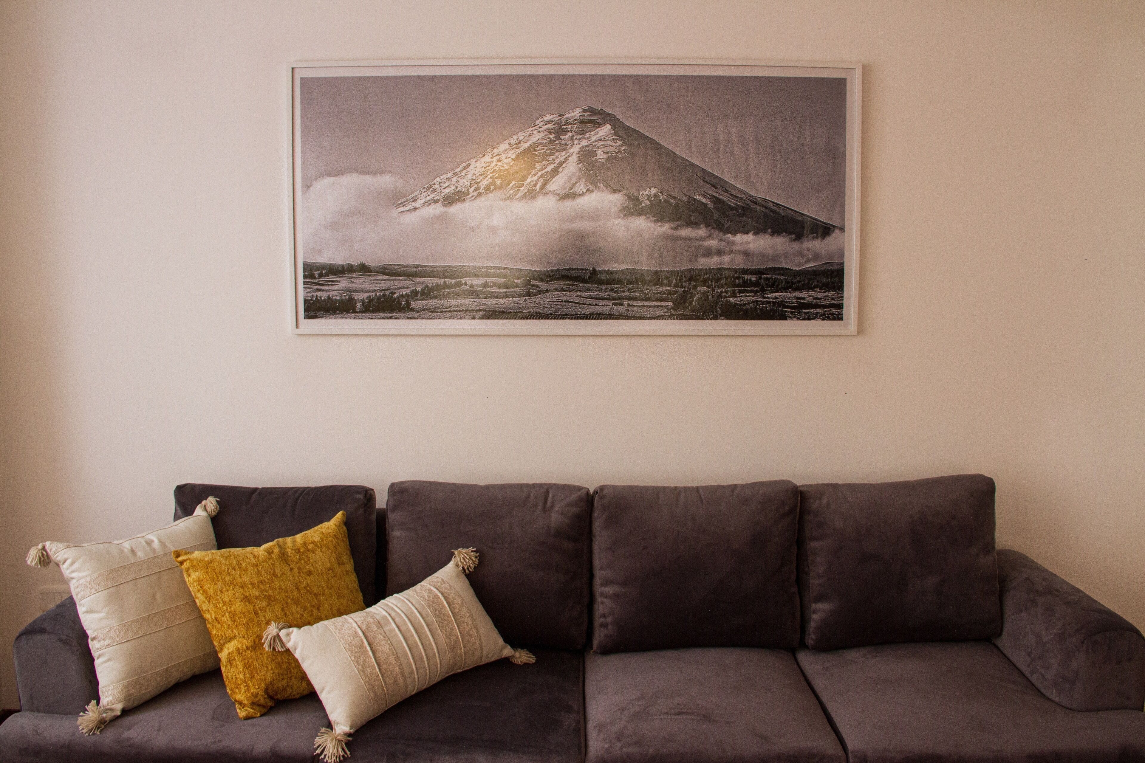 A dark-colored sofa with three pillows in front, a framed picture of a mountain on the wall, and a plain wall.