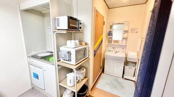 Fridge, microwave, cookware/dishes/utensils