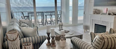 Smart TV, fireplace, video library