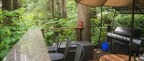 Un espacio de comedor al aire libre con mesa de madera, sillas de metal, una parrilla y un toldo.