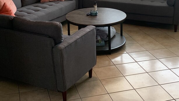 Een woonkamer met twee grijze banken, een ronde salontafel en een plafondventilator.