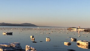 A frozen lake with scattered ice chunks and a small building in the distance. - Cottage - The Retro   (Saint-Michel-de-Bellechasse)