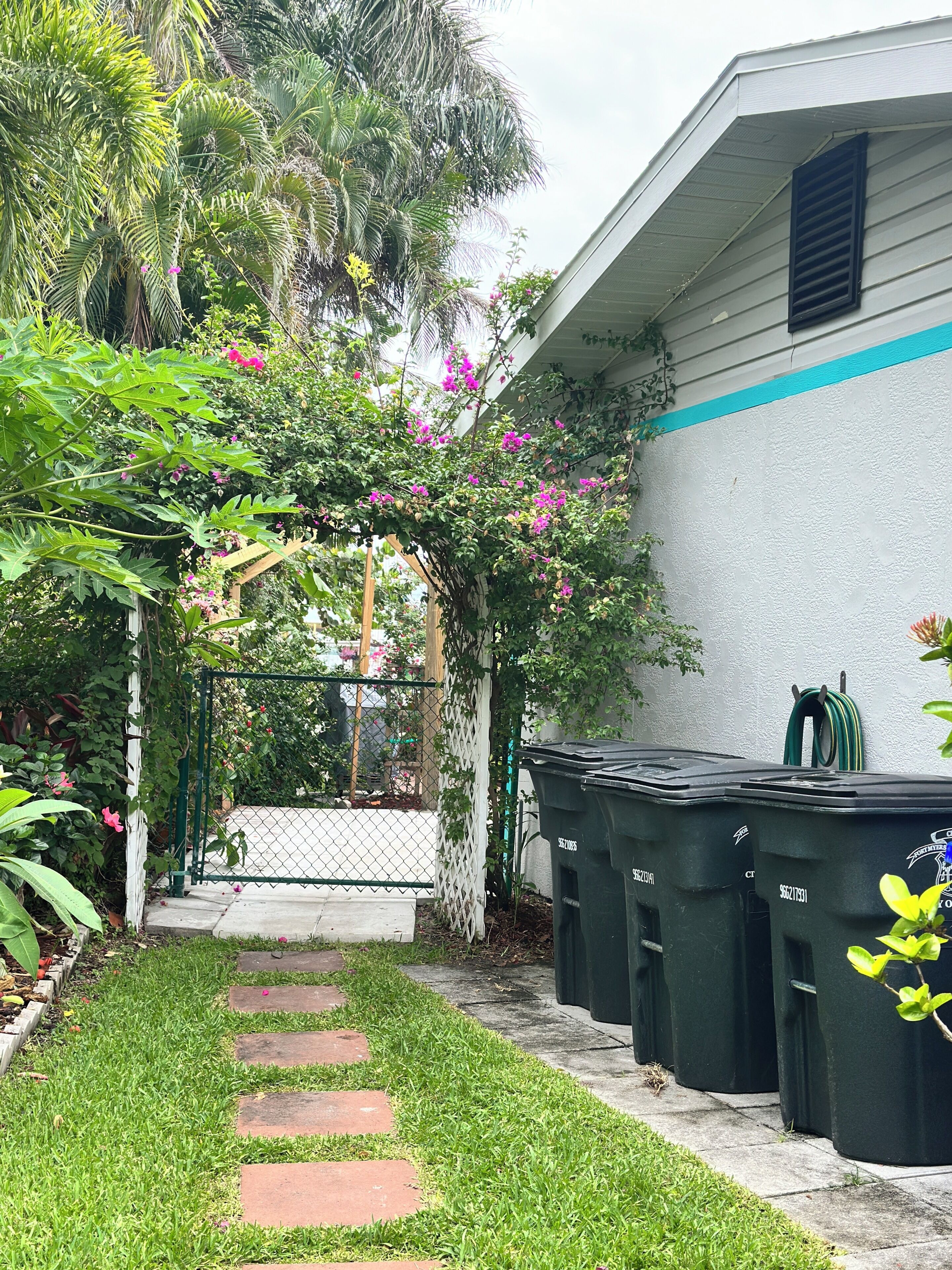 A garden with a pathway, a fence, and black trash bins.