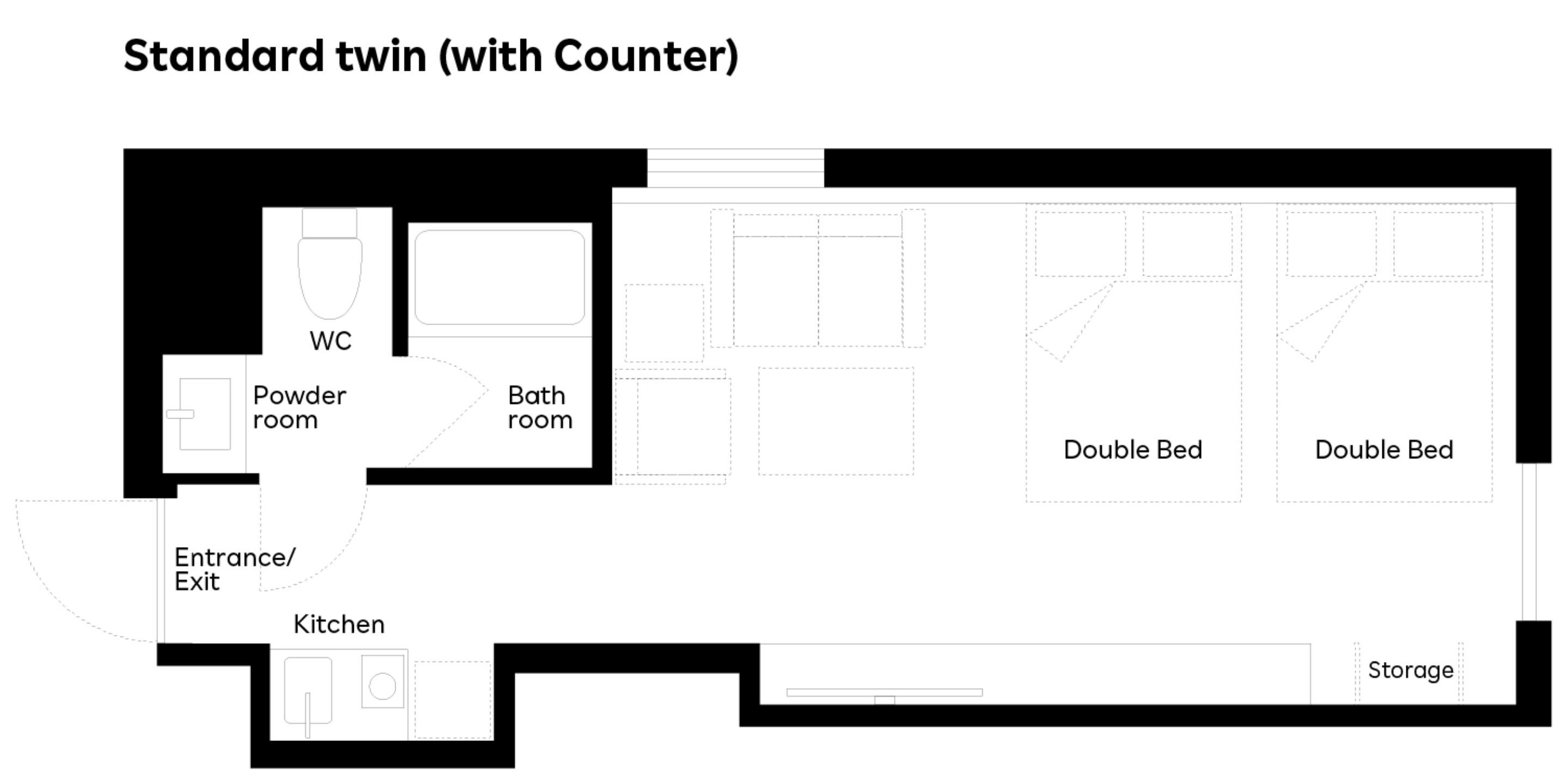 A floor plan of a standard twin room with a counter, including a WC, powder room, bathroom, kitchen, double beds, and storage.