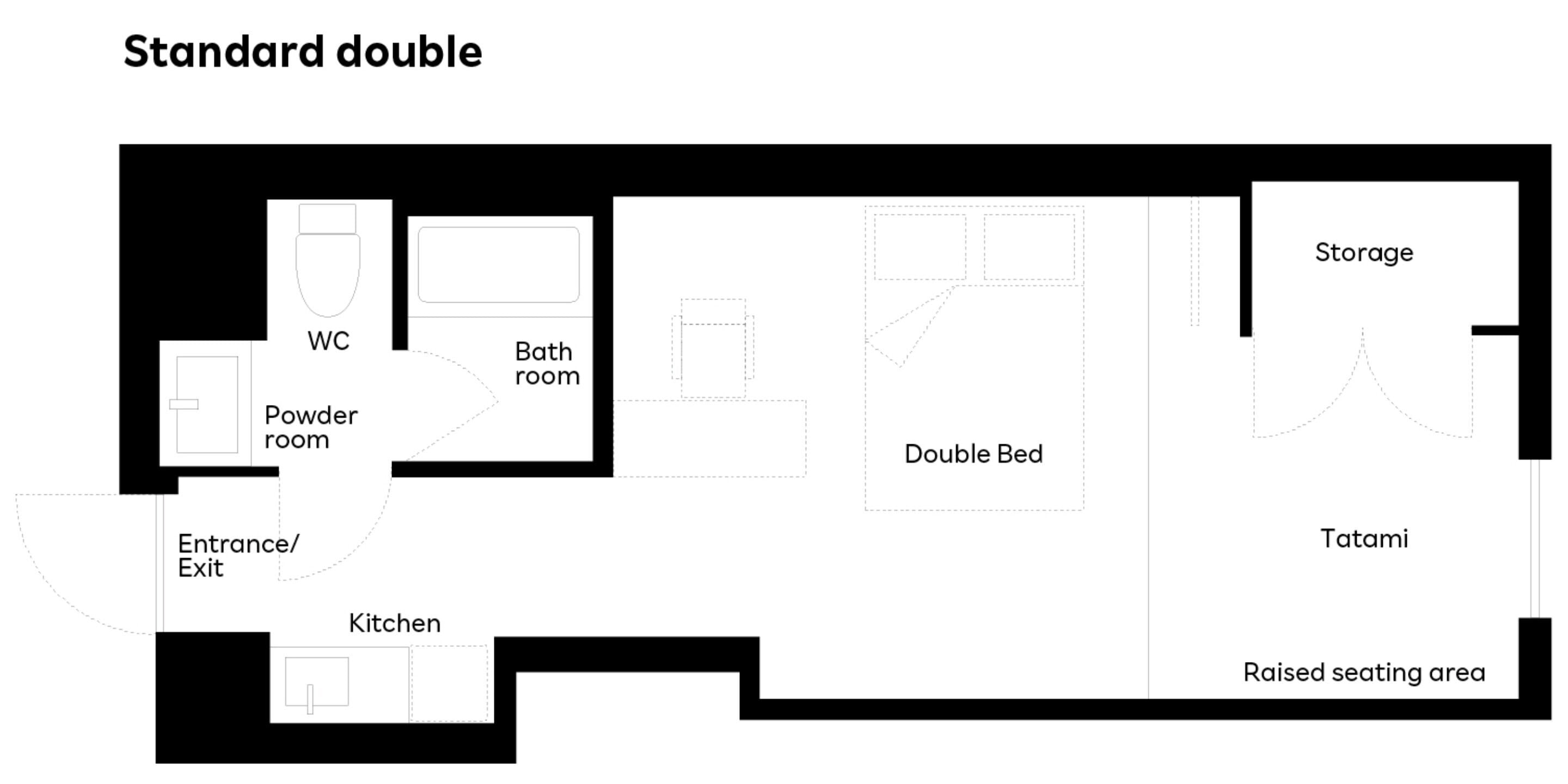 A standard double room layout with a powder room, WC, bathroom, kitchen, double bed, tatami, storage, and a raised seating area.