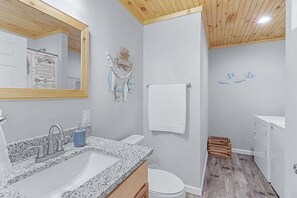 Combined shower/bathtub, hair dryer, towels, soap