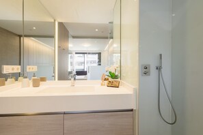 Shower, hair dryer, towels
